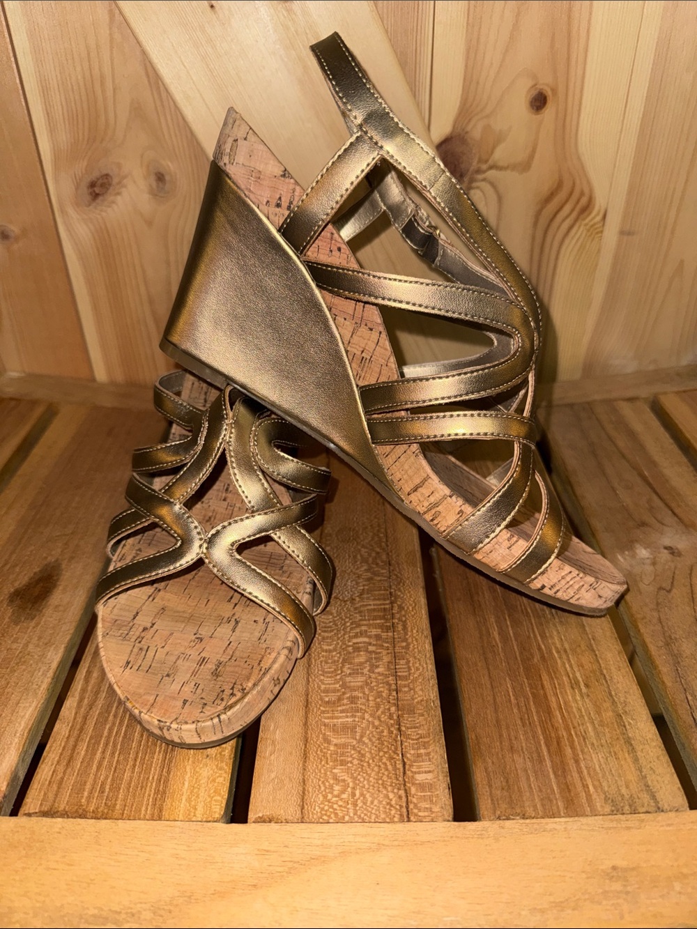 AEROSOLES Metallic Gold Strappy Cork Wedge Sandals With Velcro Closure